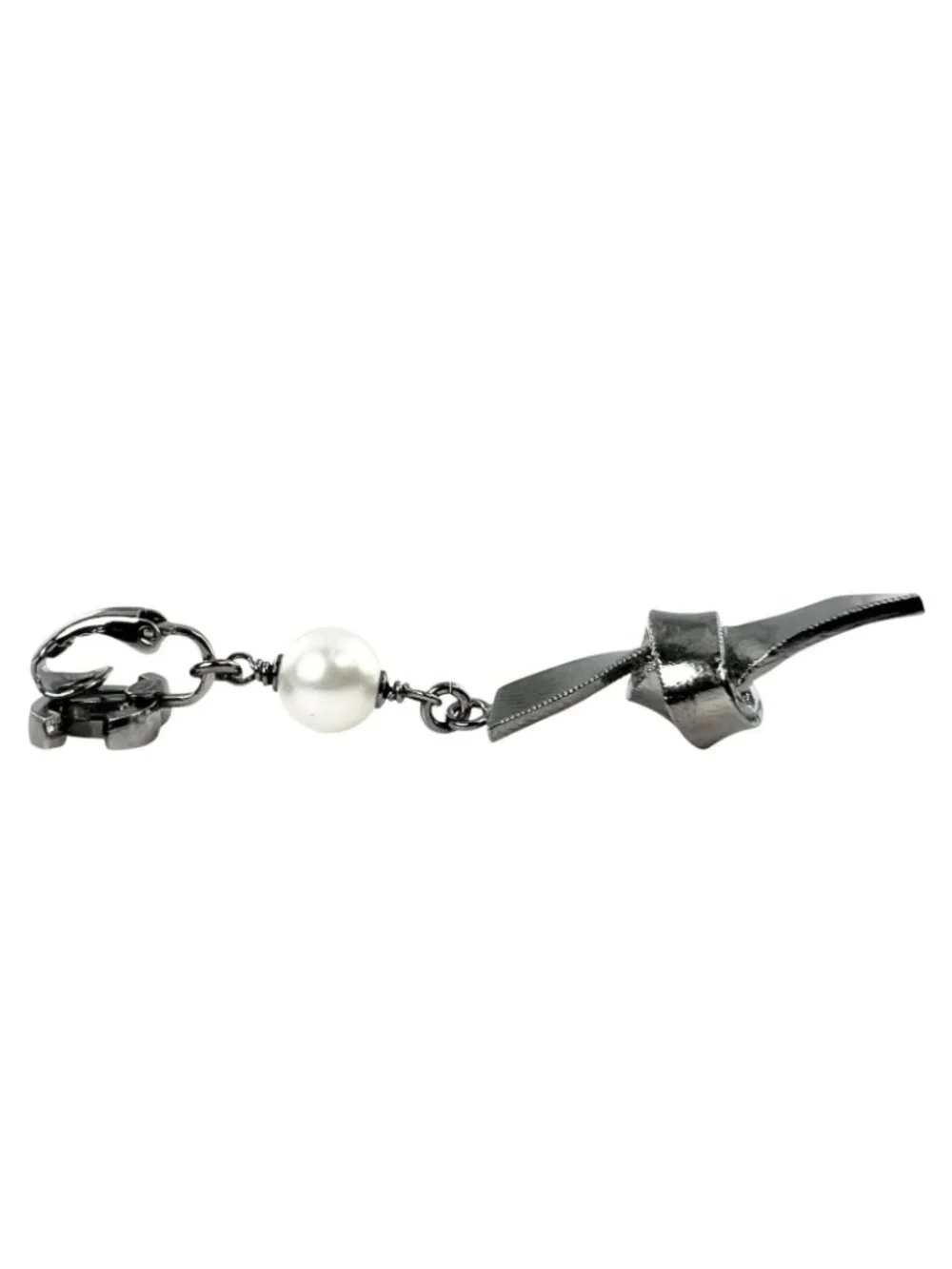 Chanel CC Logo Ribbon Motif Metal Faux Pearl Silver Earrings